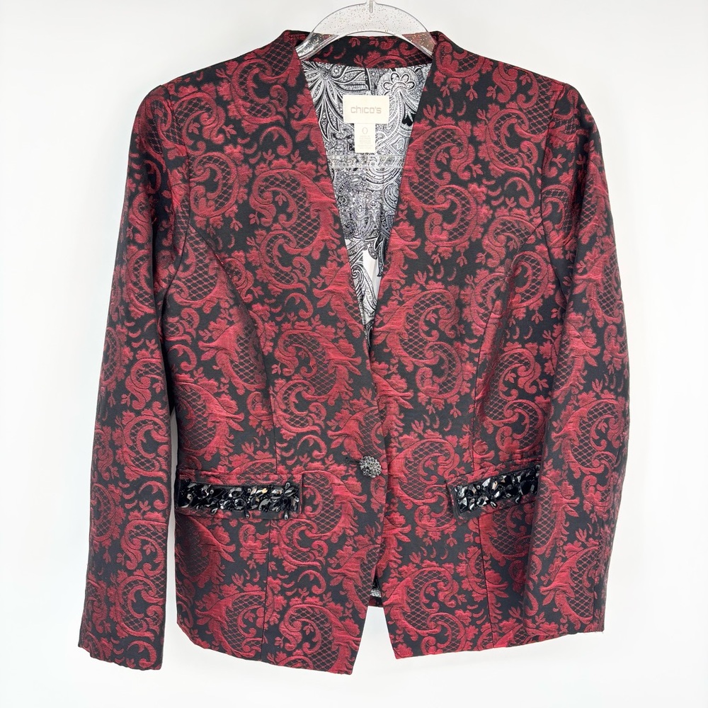 Chico's Blazer Damask Jacquard Black Red Embellished Pockets Size Small Brocade‎